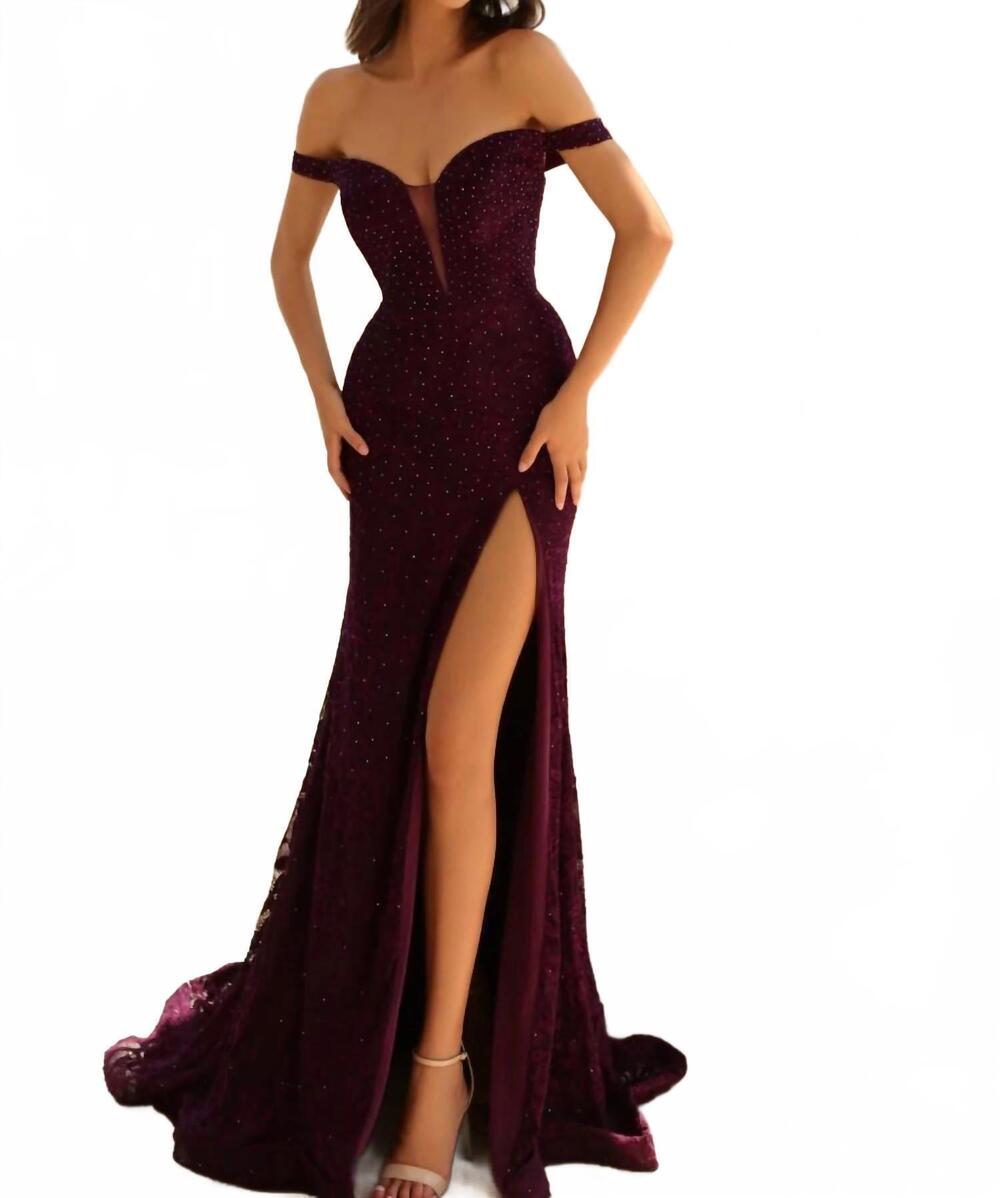 NEW CLARISSE celestial plunging v-neckline lace prom dress in plum
